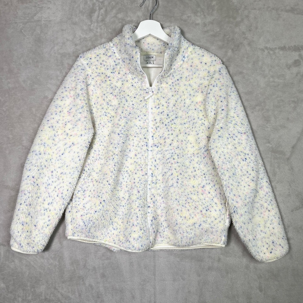J Crew Womens Sherpa Teddy Fleece Zip Jacket M Flecked Speckle Confetti White‎